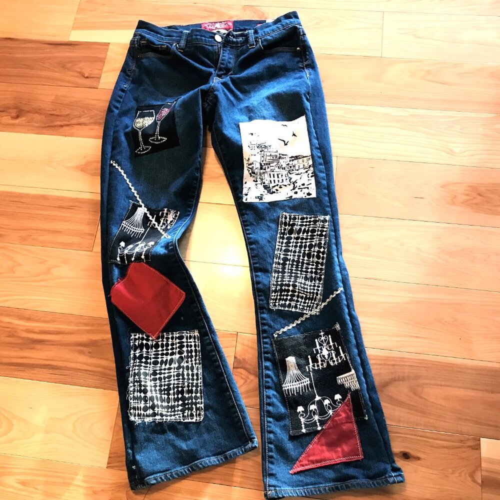 Upcycled Patchwork Jeans, Eclectic Wineglass Cityscape Design Size 6 - Picture 6 of 11